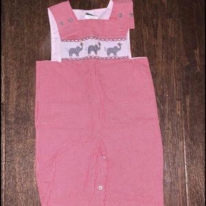 Red gingham elephant football smocked longall